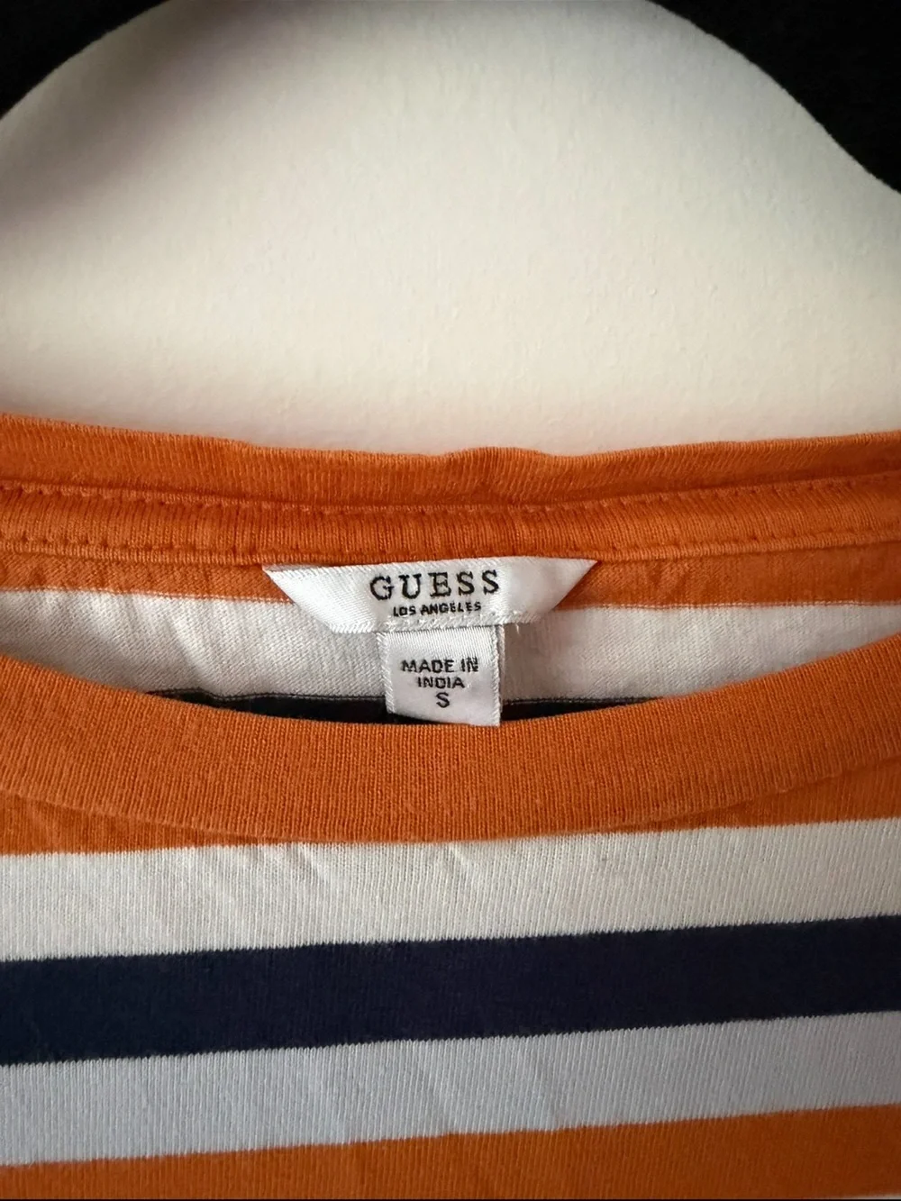 Guess Striped Crewneck Tee in White, Navy & Orange - Picture 2 of 2